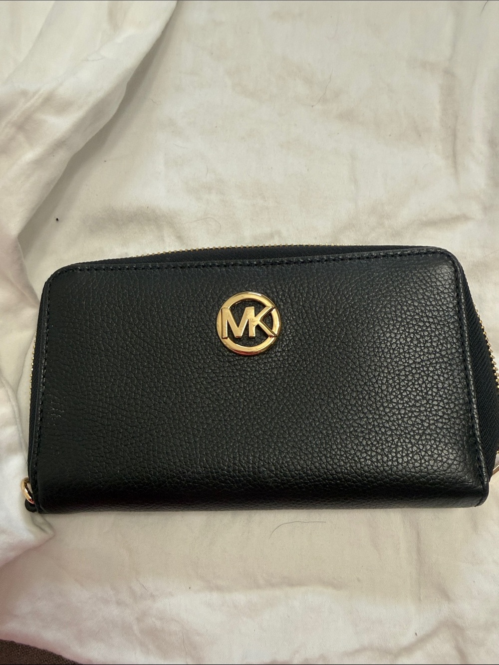 Michael Kors Black Pebbled Leather Zip-Around Wallet with Gold MK Emblem